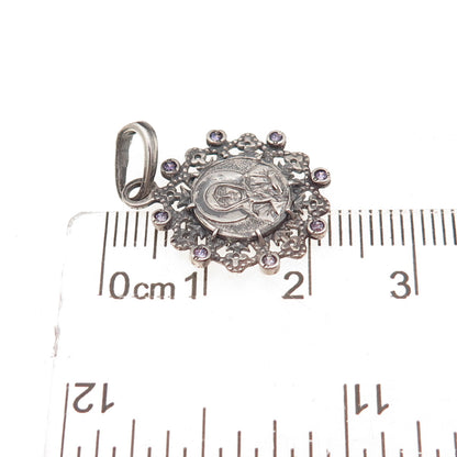 925 Sterling Silver Vintage Purple C Z St. Mary Orthodox Charm Pendant