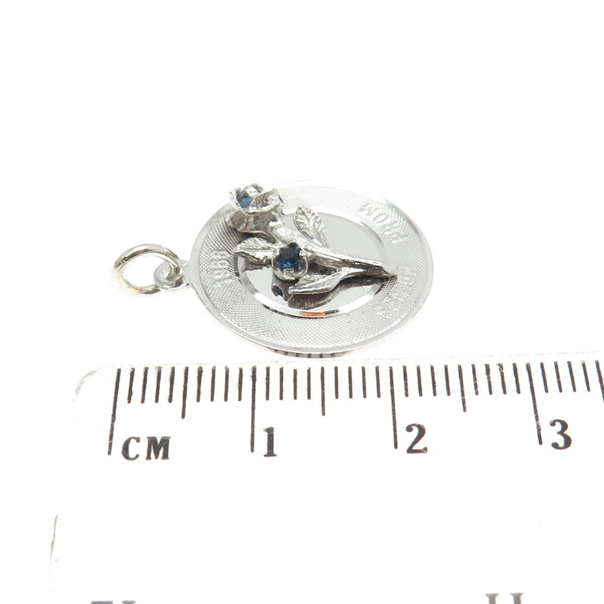 925 Sterling Silver Vintage Blue Rhinestone "1966 Senior Prom" Floral Pendant