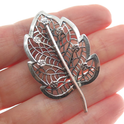 JEWELART 925 Sterling Silver Vintage Floral Leaf Filigree Oxidized Pin Brooch