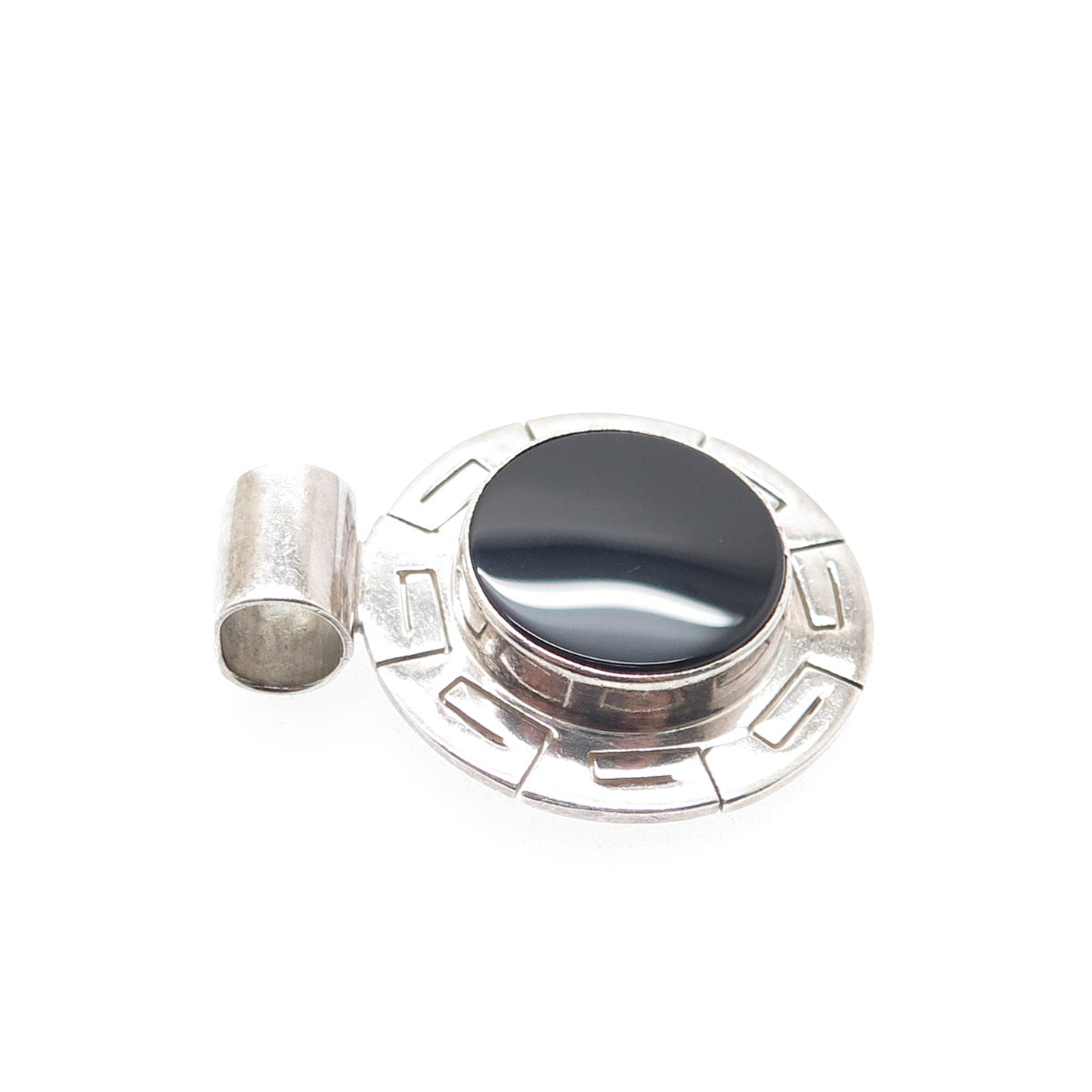 925 Sterling Silver Vintage CII Mexico Real Black Onyx Greek Key Slide Pendant