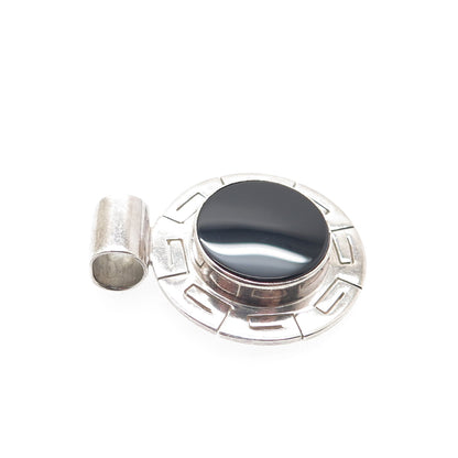 925 Sterling Silver Vintage CII Mexico Real Black Onyx Greek Key Slide Pendant