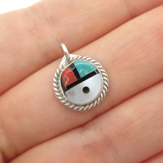 Old Pawn 925 Sterling Vintage Turquoise Coral Black Onyx MOP Tribal Mini Pendant
