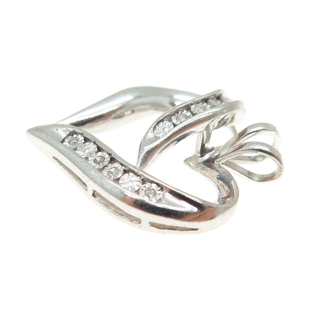 925 Sterling Silver Real Round-Cut Diamond Heart Charm Pendant