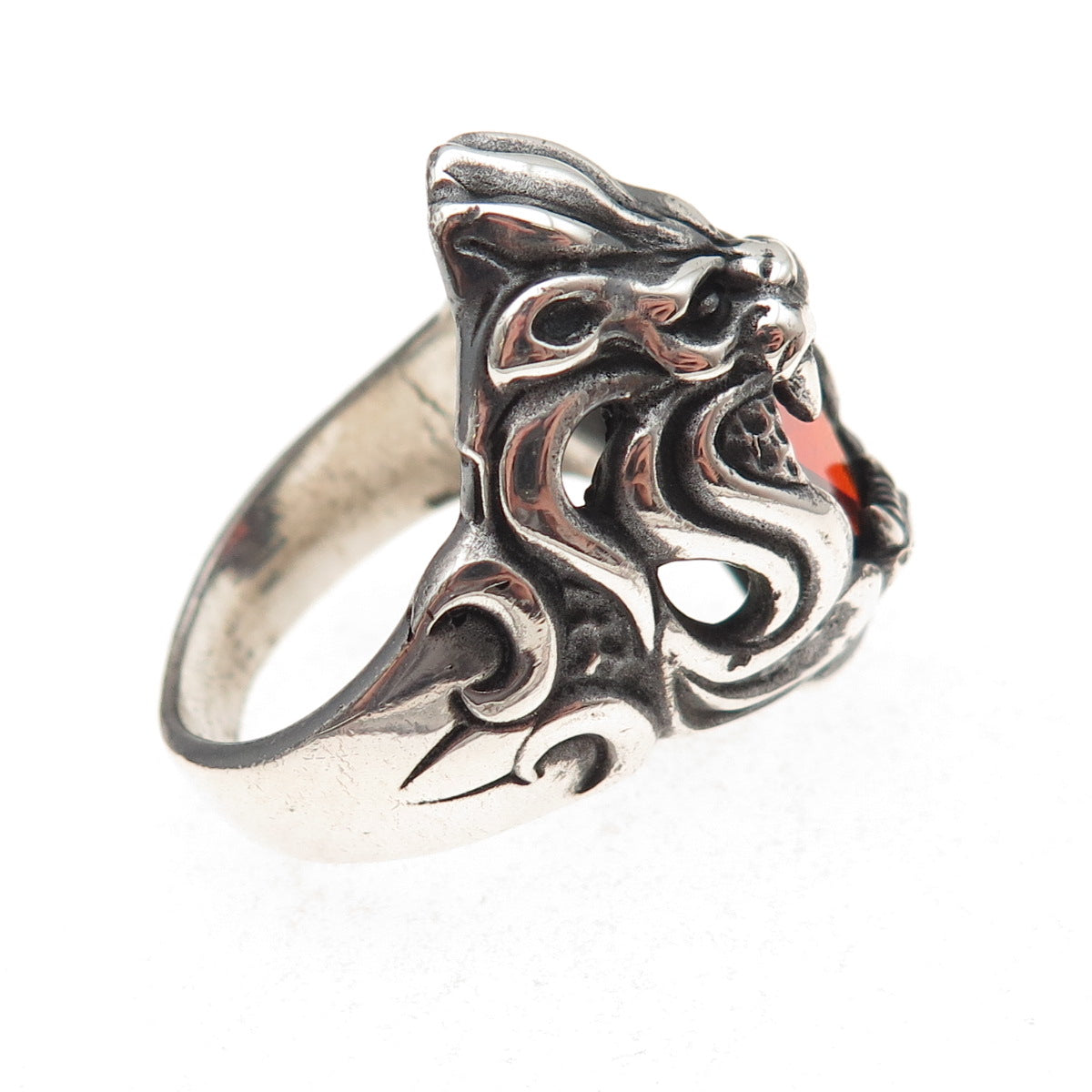 925 Sterling Silver Vintage Real Red Garnet Lion Oxidized Ring Size 9.75