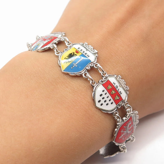 800 Silver Vintage REU Colorful Enamel Assorted Coat of Arms Bracelet 8"