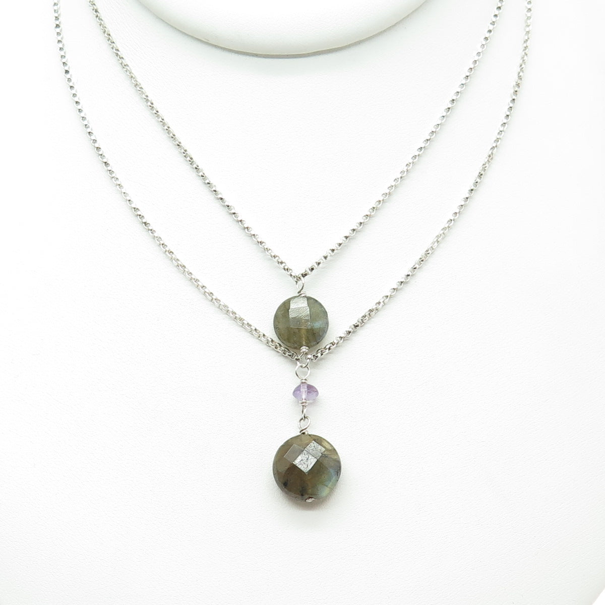 925 Sterling Silver Vintage Labradorite & Amethyst Double Chain Necklace 16-18"