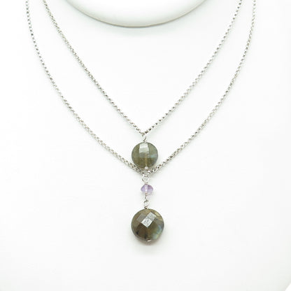 925 Sterling Silver Vintage Labradorite & Amethyst Double Chain Necklace 16-18"