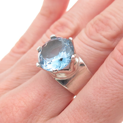 925 Sterling Silver Vintage Mexico Round-Cut Blue C Z Modernist Ring Size 7
