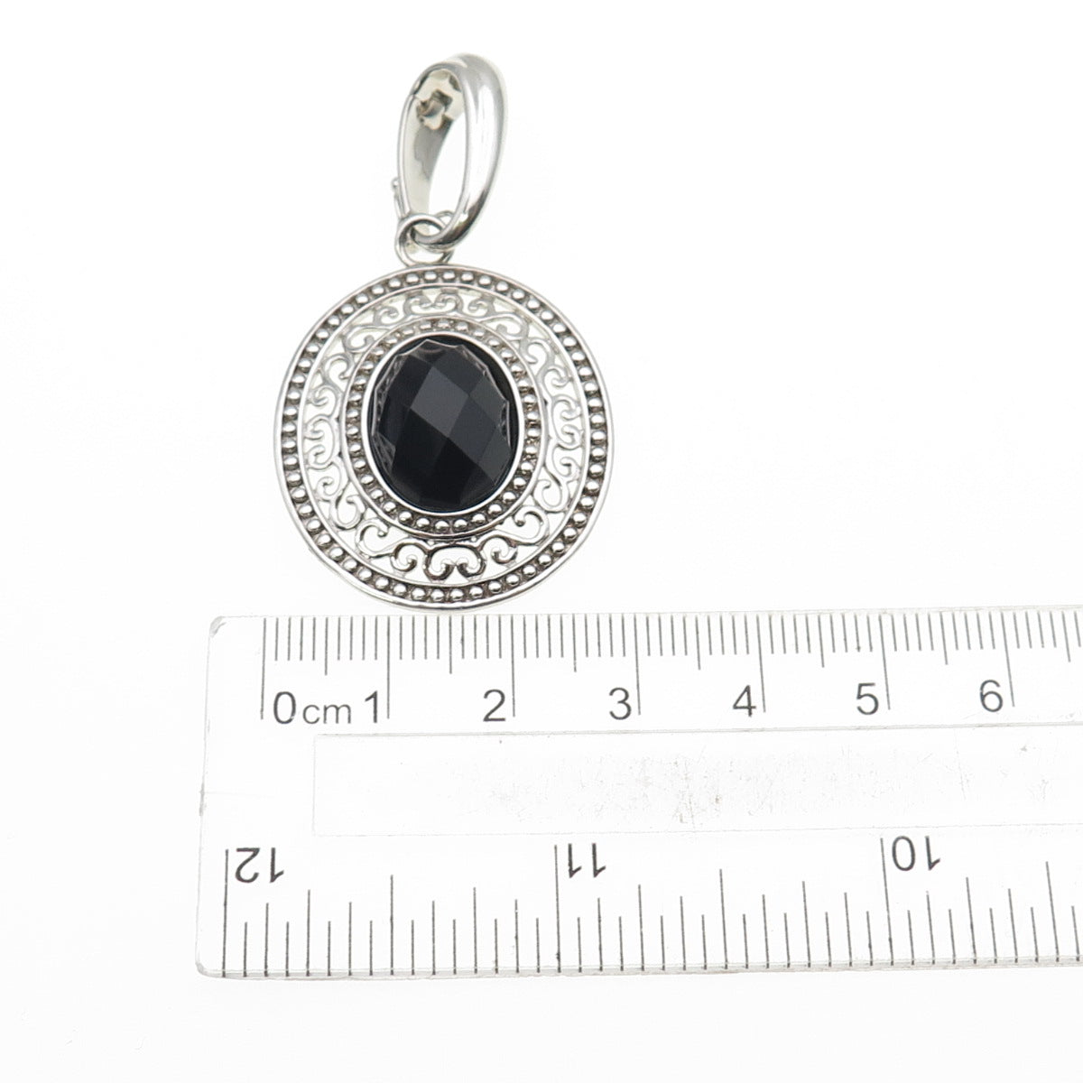 925 Sterling Silver Vintage Real Black Onyx Beaded Ornate Pendant