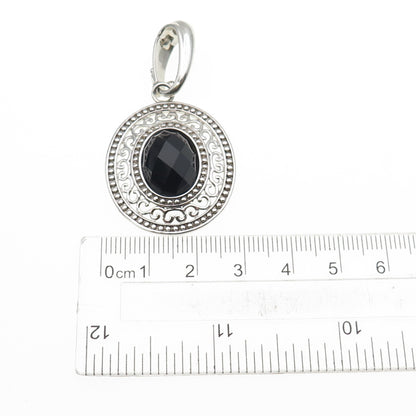 925 Sterling Silver Vintage Real Black Onyx Beaded Ornate Pendant