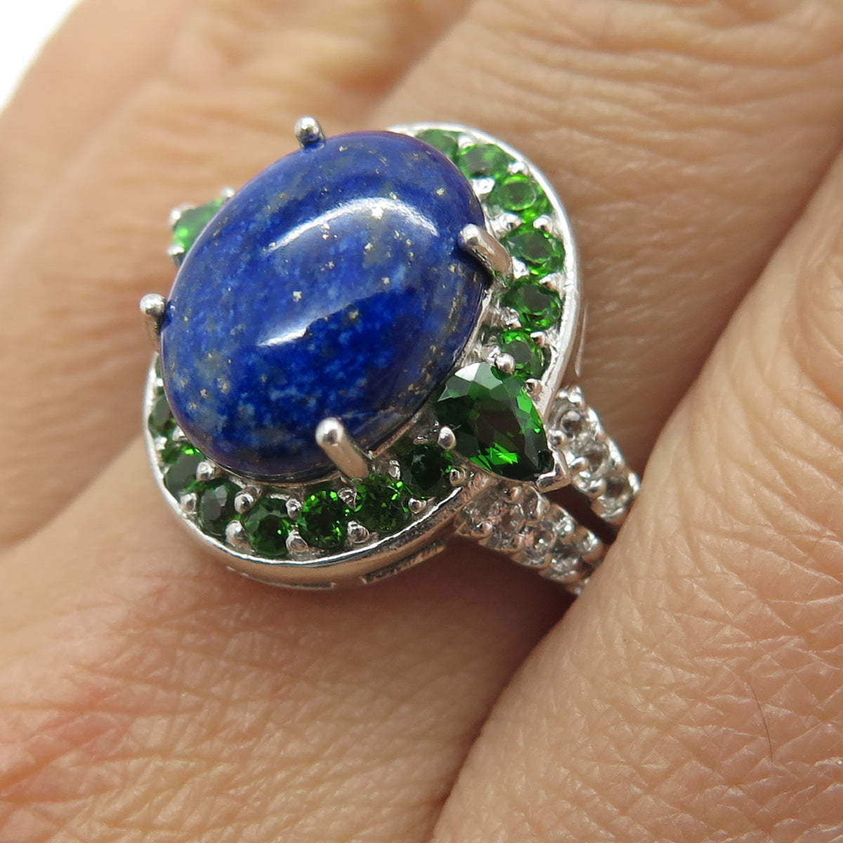 NK SILVER 925 Sterling Silver Lapis Lazuli Peridot White Topaz Gem Ring Size 9