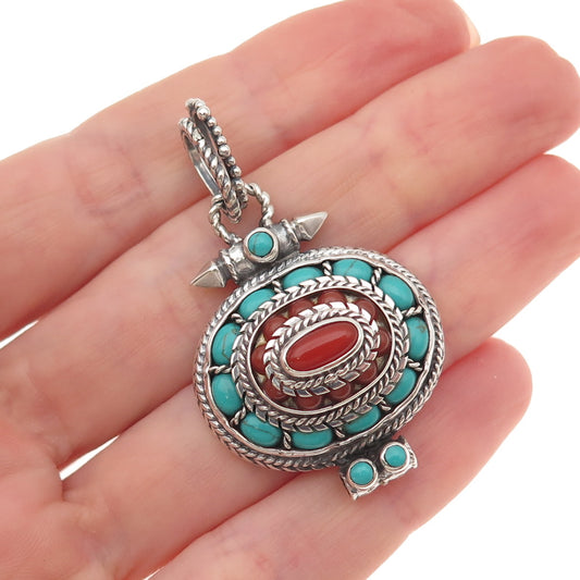 925 Sterling Silver Vintage Real Turquoise Coral Oxidized Tibetan Slide Pendant