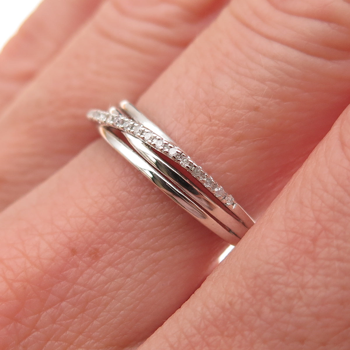 925 Sterling Silver Real Round-Cut Diamond Crisscross Ring Size 6.5