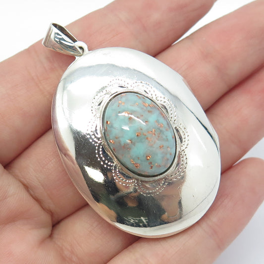 925 Sterling Silver Vintage Faux Turquoise Oval Locket Pendant