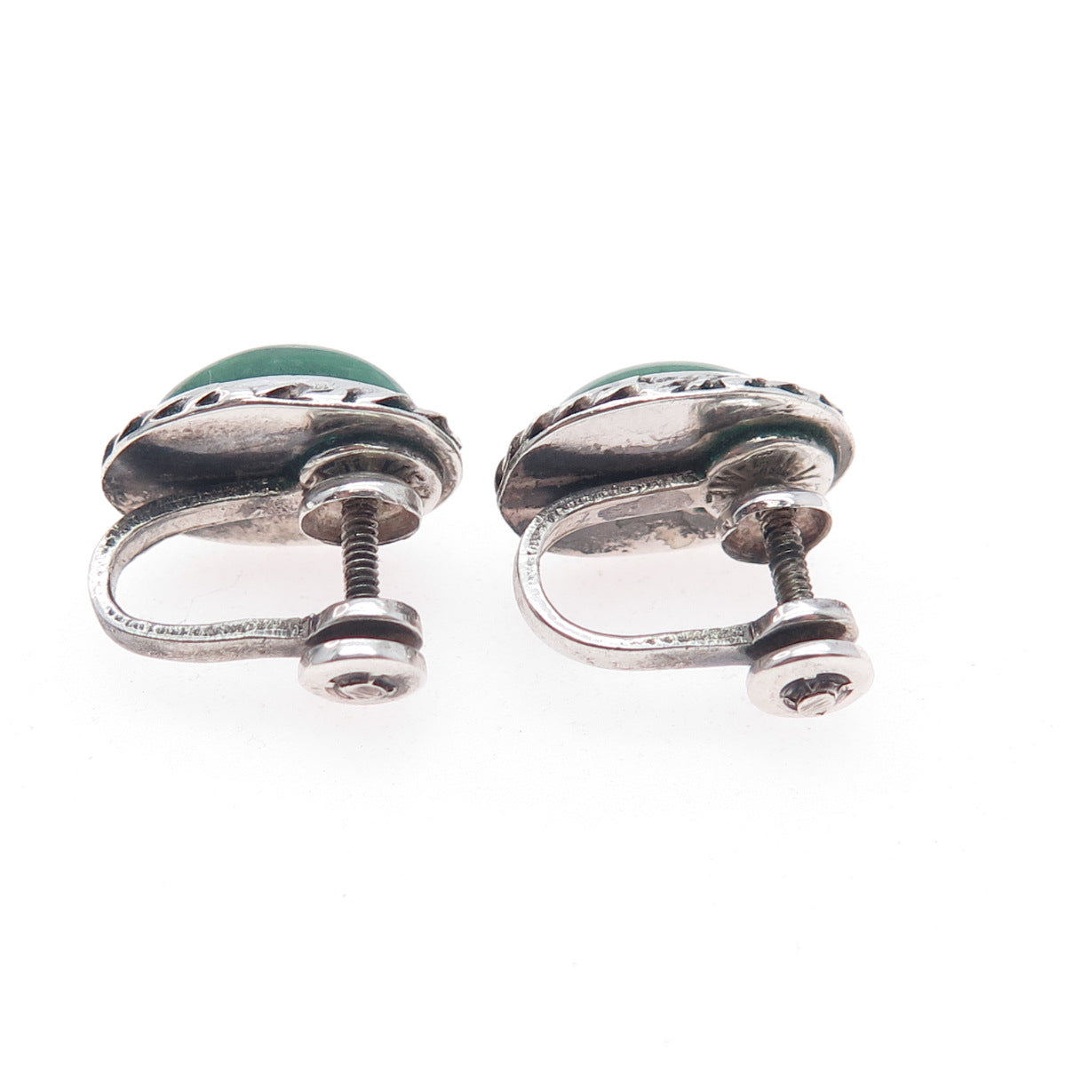 925 Sterling Silver Vintage Mexico Real Cabochon Jade Screw Back Earrings
