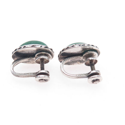 925 Sterling Silver Vintage Mexico Real Cabochon Jade Screw Back Earrings