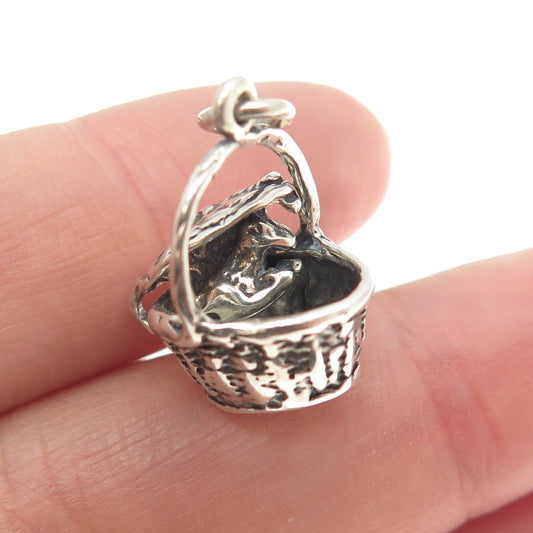 925 Sterling Silver Vintage Easter Bunny Basket Charm Pendant