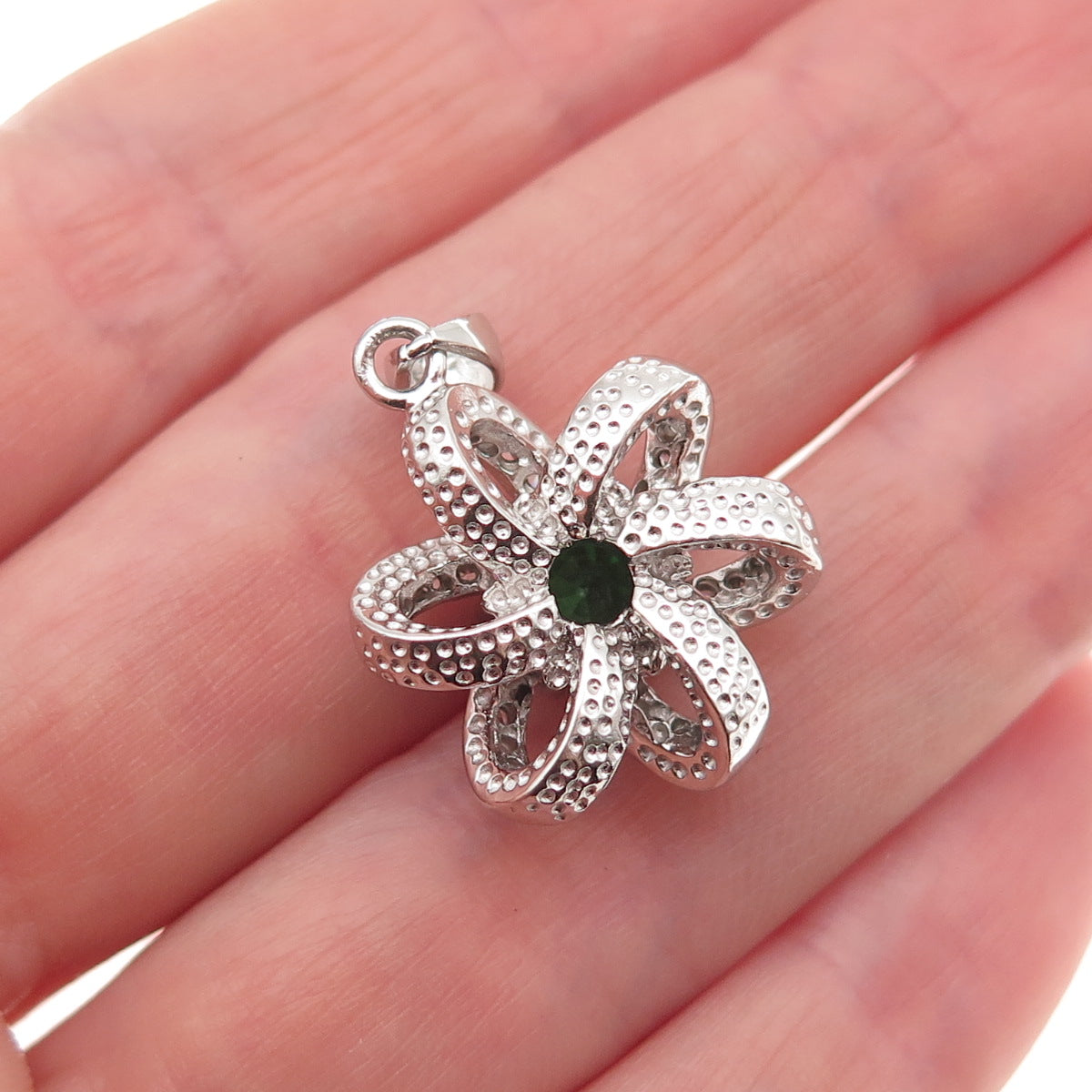925 Sterling Silver Round-Cut Green & White C Z Floral Charm Pendant