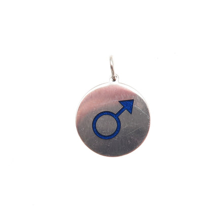 925 Sterling Silver Blue Enamel Male Symbol Round Tag Mini Charm Pendant