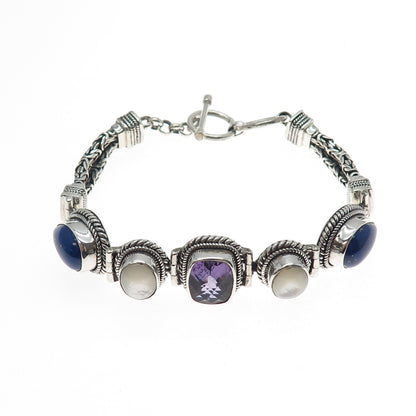 SUARTI BALI 925 Sterling Silver Vintage Real Amethyst Lapis MOP Bracelet 7-7.5"