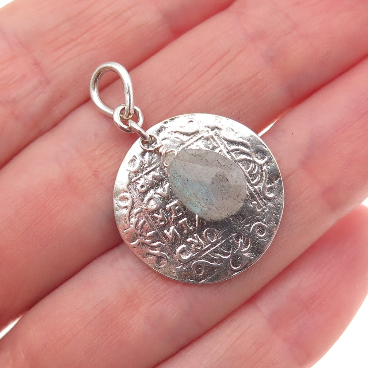 925 Sterling Silver Vintage Real Labradorite Venetian Coin Charm Pendant