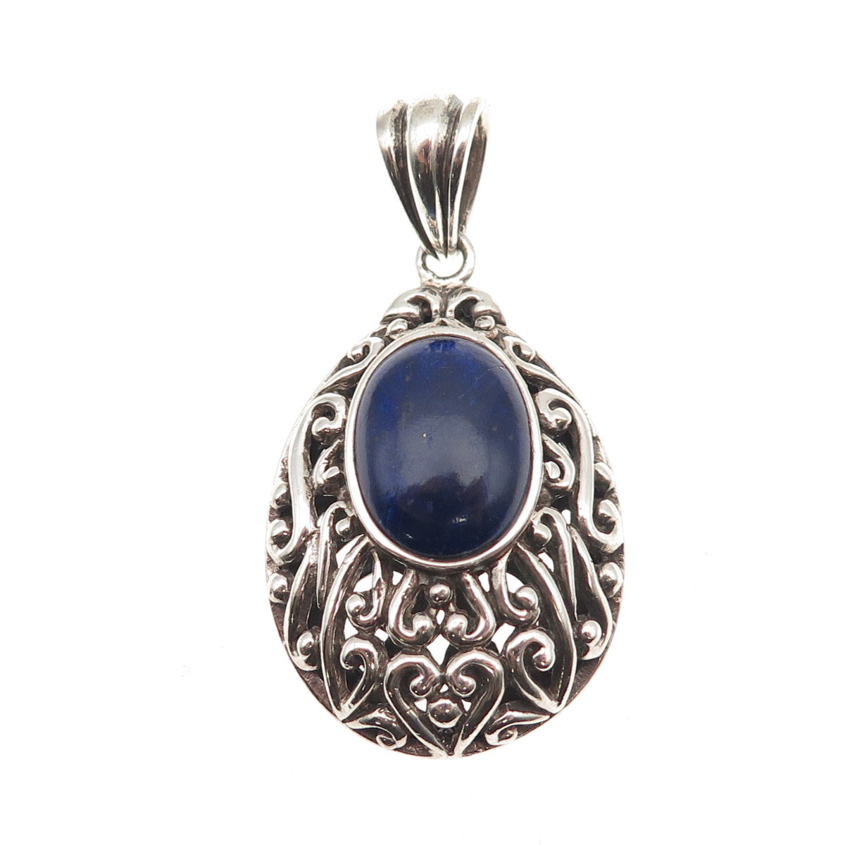 925 Sterling Silver Vintage Real Lapis Scroll Teardrop Oxidized Pendant