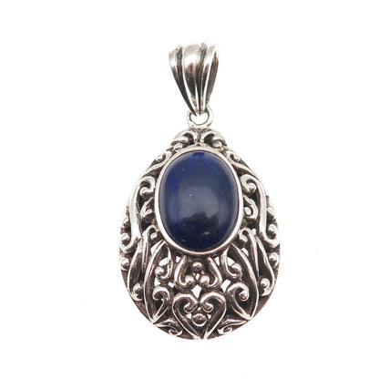 925 Sterling Silver Vintage Real Lapis Scroll Teardrop Oxidized Pendant
