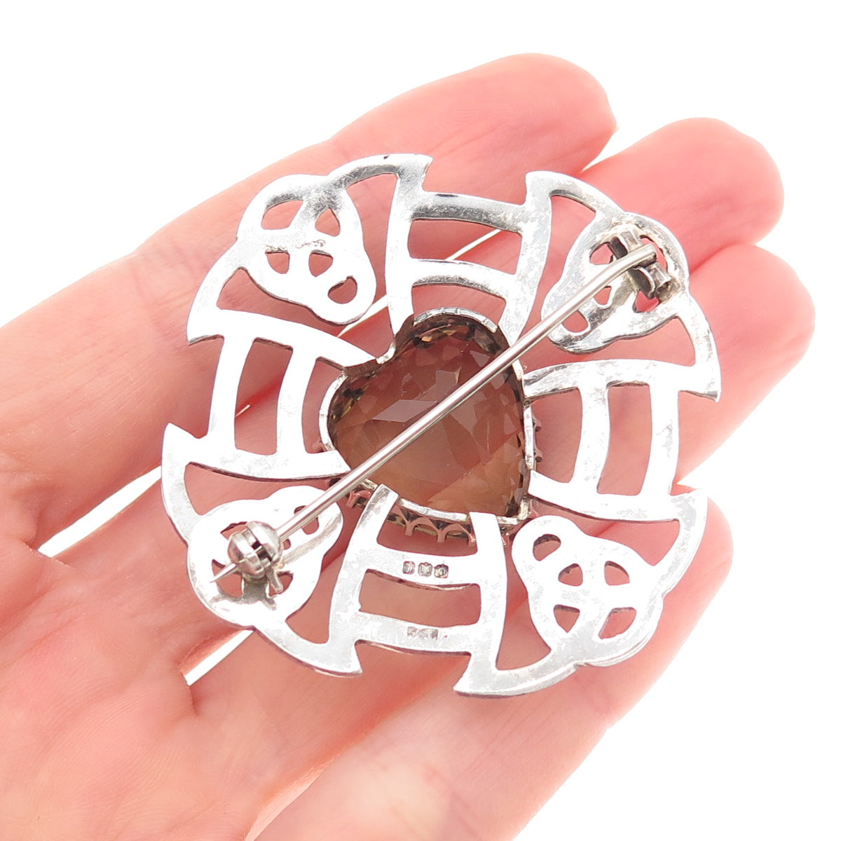 Thomas Kerr Ebbutt Silver Vintage 1966 Scotland Smoky Quartz Heart Cross Brooch