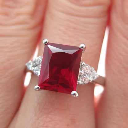 925 Sterling Silver Radiant-Cut Lab-Created Ruby & C Z Ring Size 8.25