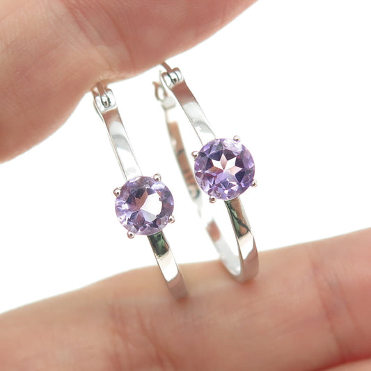 925 Sterling Silver Real Amethyst Gemstone Hinged Hoop Earrings