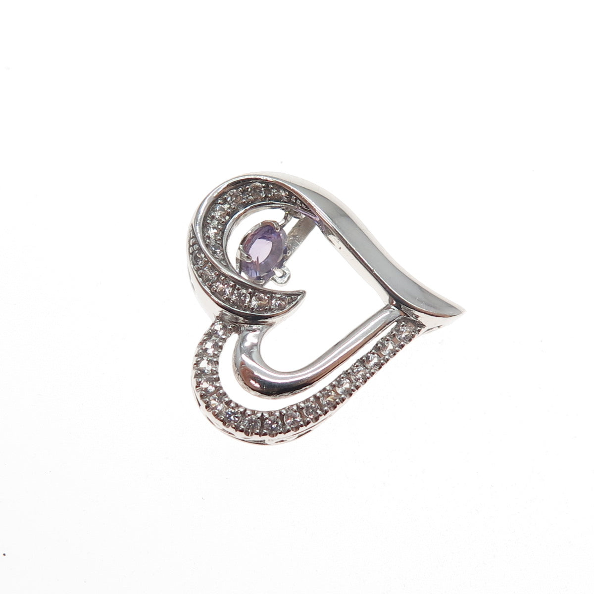 925 Sterling Silver Real Amethyst & White Topaz Heart Mini Slide Charm Pendant