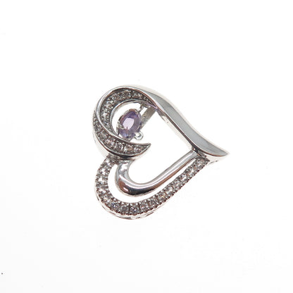 925 Sterling Silver Real Amethyst & White Topaz Heart Mini Slide Charm Pendant