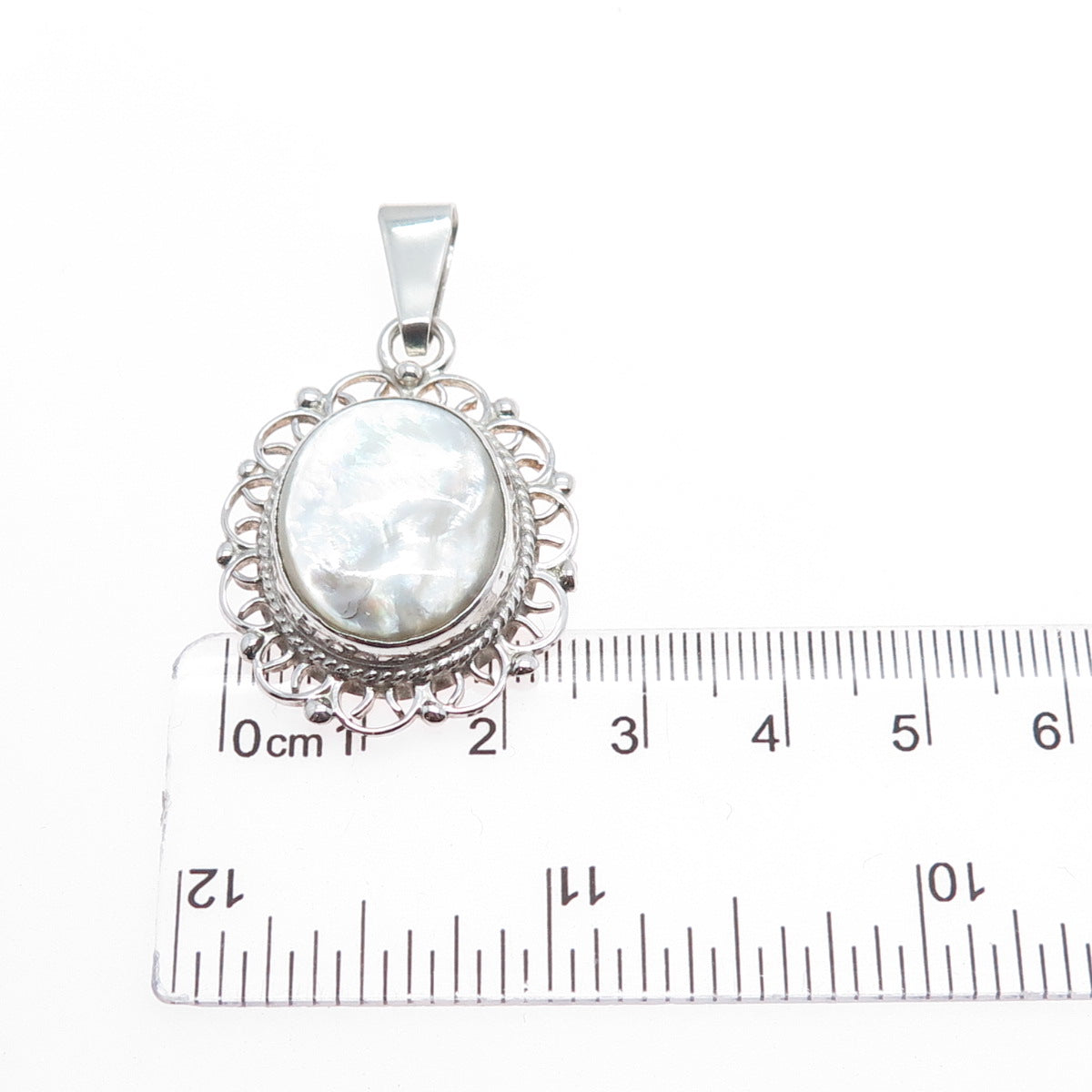 925 Sterling Silver Vintage Mexico Real MOP Ornate Charm Pendant