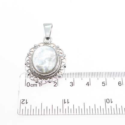 925 Sterling Silver Vintage Mexico Real MOP Ornate Charm Pendant