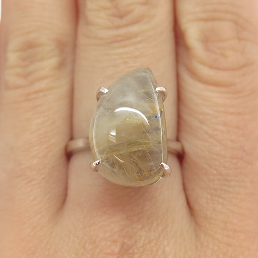 925 Sterling Silver Vintage Real Rutilated Quartz Ring Size 8.25