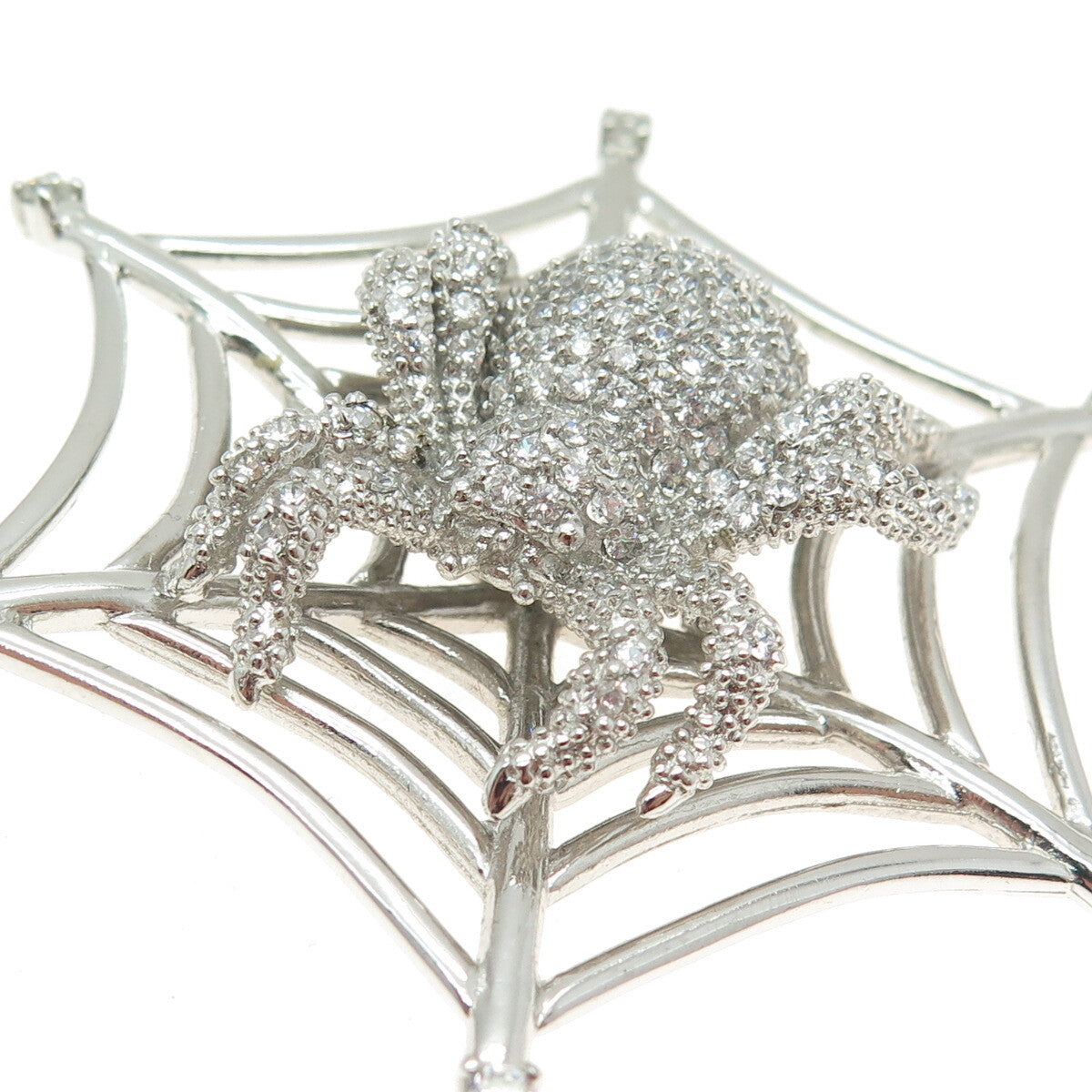 925 Sterling Silver Round-Cut C Z Spider Web Pendant