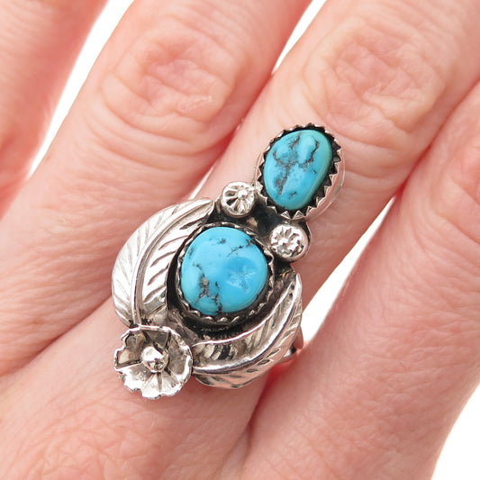 Old Pawn Sterling Vintage Southwestern Turquoise Floral & Feather Ring Size 7.5