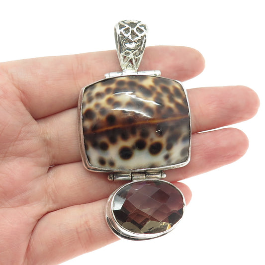 925 Sterling Silver Vintage Real Seashell & Smoky Quartz Modernist Pendant