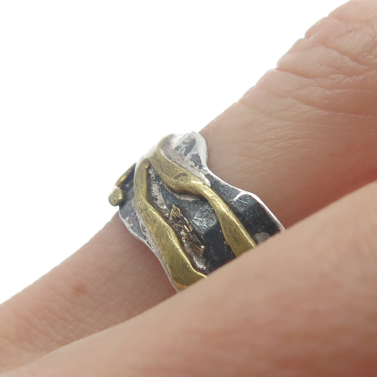 925 Sterling Silver 2-Tone Vintage Modernist Oxidized Band Ring Size 14.5