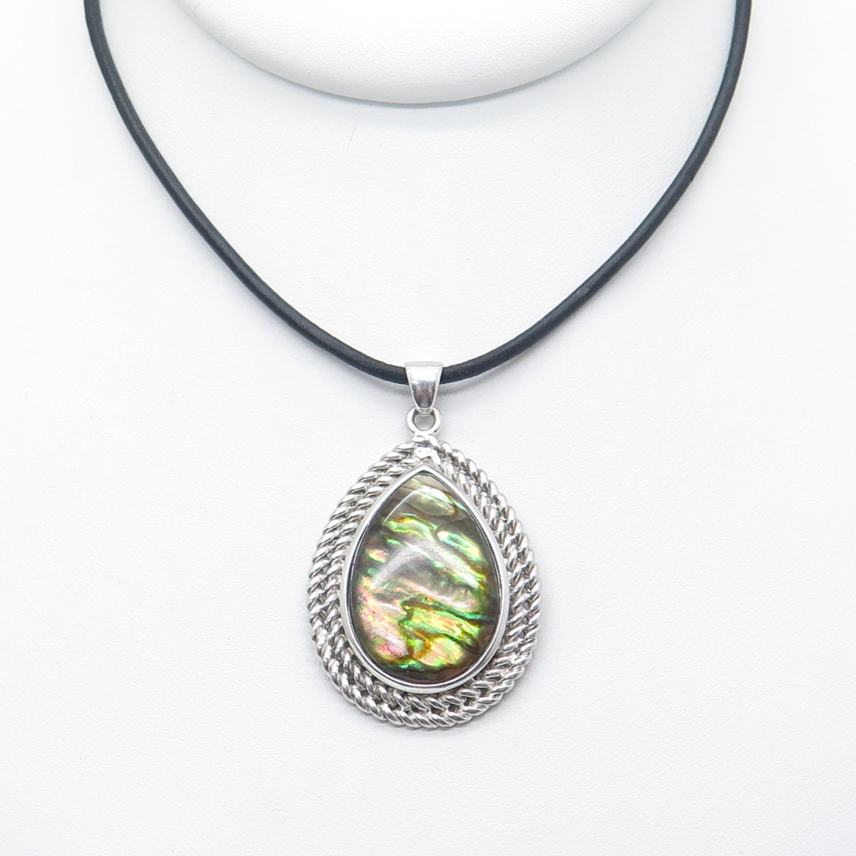 HAN 925 Sterling Silver Real Abalone Shell Teardrop Pendant Cord Necklace 18"