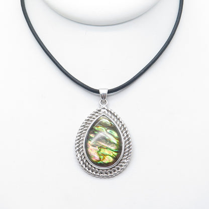 HAN 925 Sterling Silver Real Abalone Shell Teardrop Pendant Cord Necklace 18"