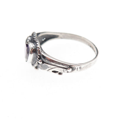 925 Sterling Silver Vintage Real Amethyst Heart Oxidized Ring Size 6.5