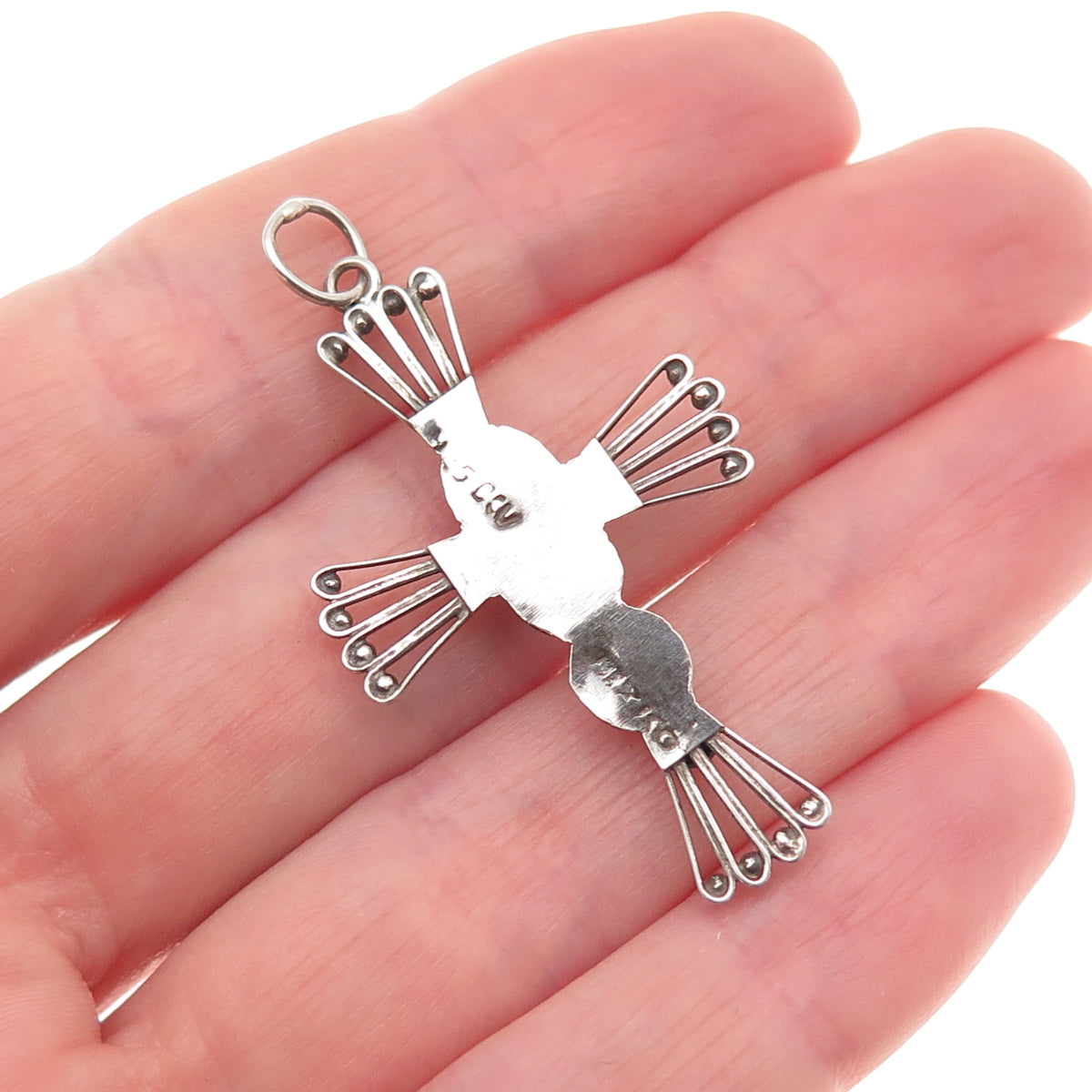 925 Sterling Silver Vintage Mexico Cross Beaded Oxidized Charm Pendant