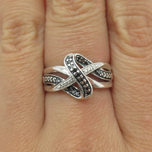 925 Sterling Silver Real White & Black Diamond Crossover Ring Size 7