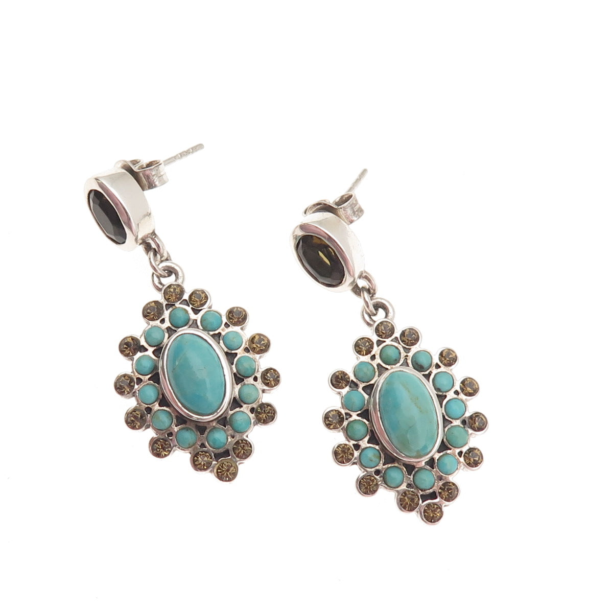 BARSE Sterling Silver Vintage Rhinestone Real Turquoise & Smoky Quartz Earrings