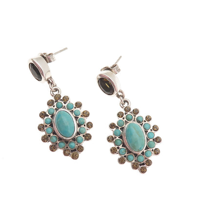 BARSE Sterling Silver Vintage Rhinestone Real Turquoise & Smoky Quartz Earrings