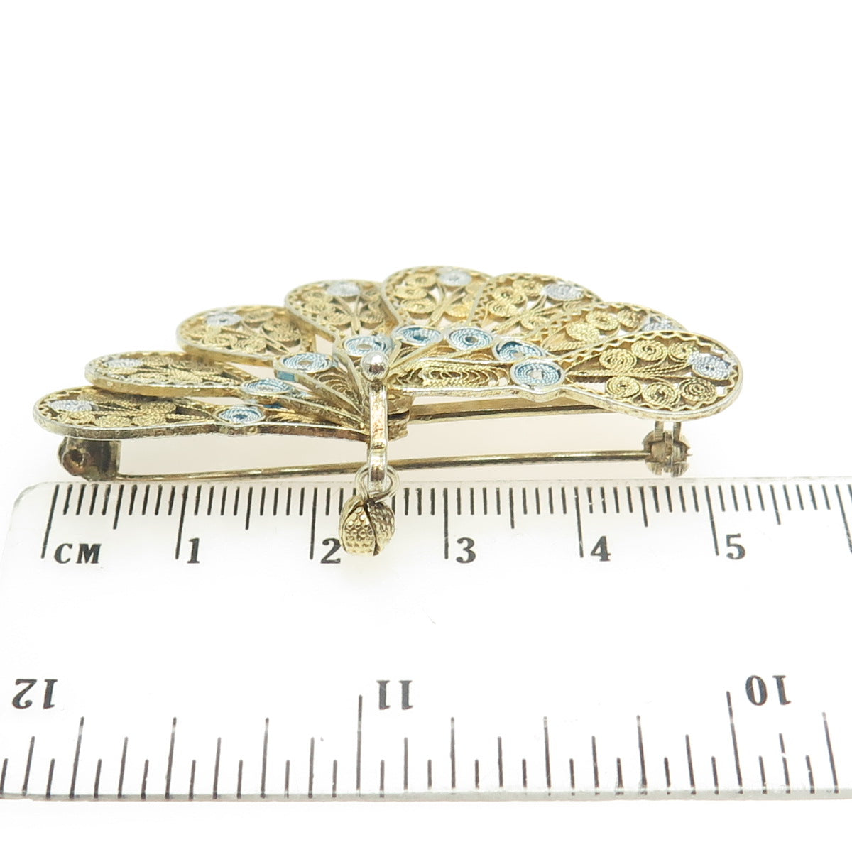 800 Silver Vintage Gold Plated Enamel Filigree Peacock Fan Pin Brooch