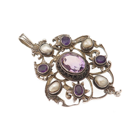 925 Sterling Silver Antique Victorian Real Amethyst & Pearl Oxidized Pendant
