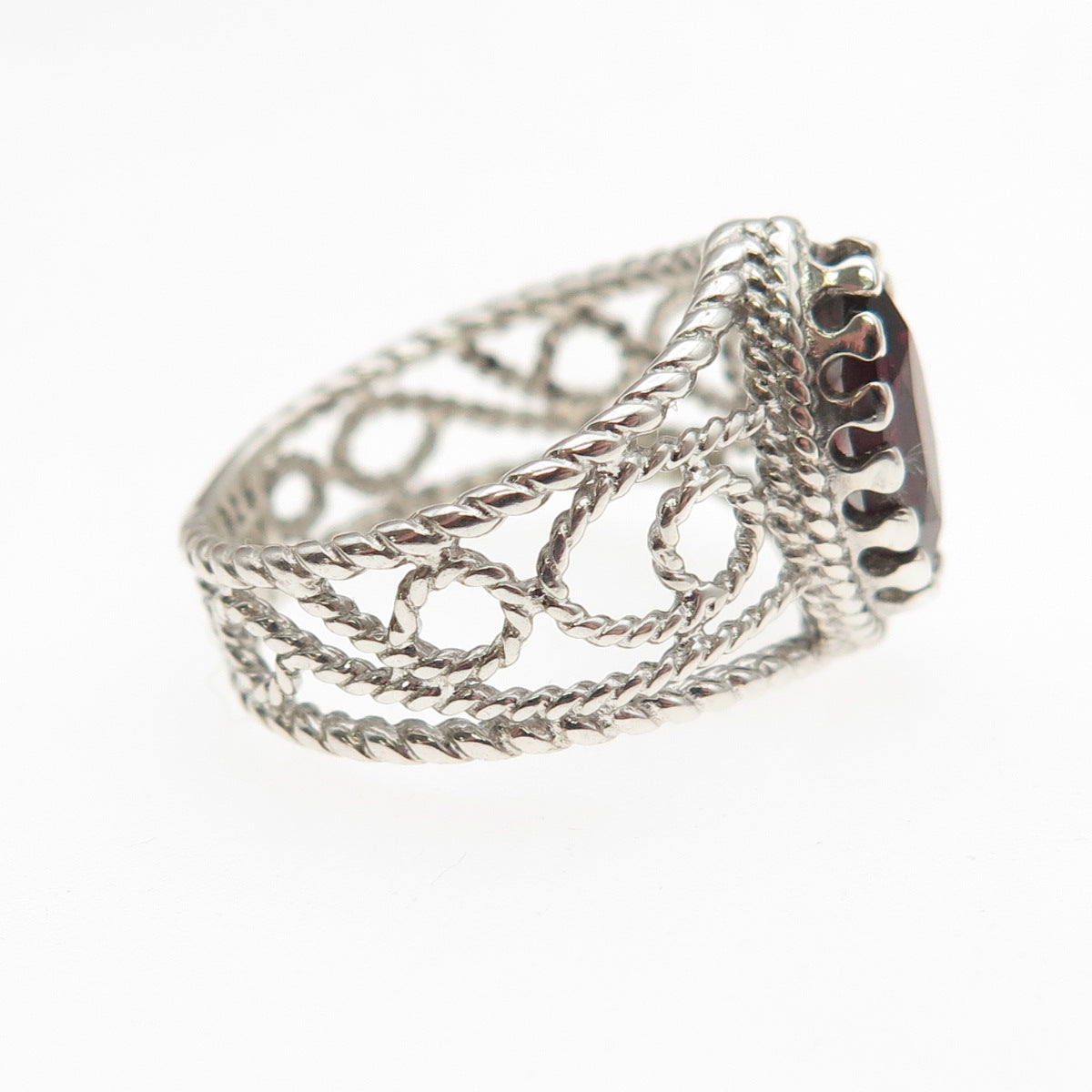 Nevada Sterling Silver Vintage Real Marquise-Cut Red Garnet Scroll Ring Size 5