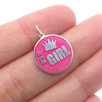 925 Sterling Silver Pink Enamel "It's A Girl" Round Tag Minimalist Charm Pendant
